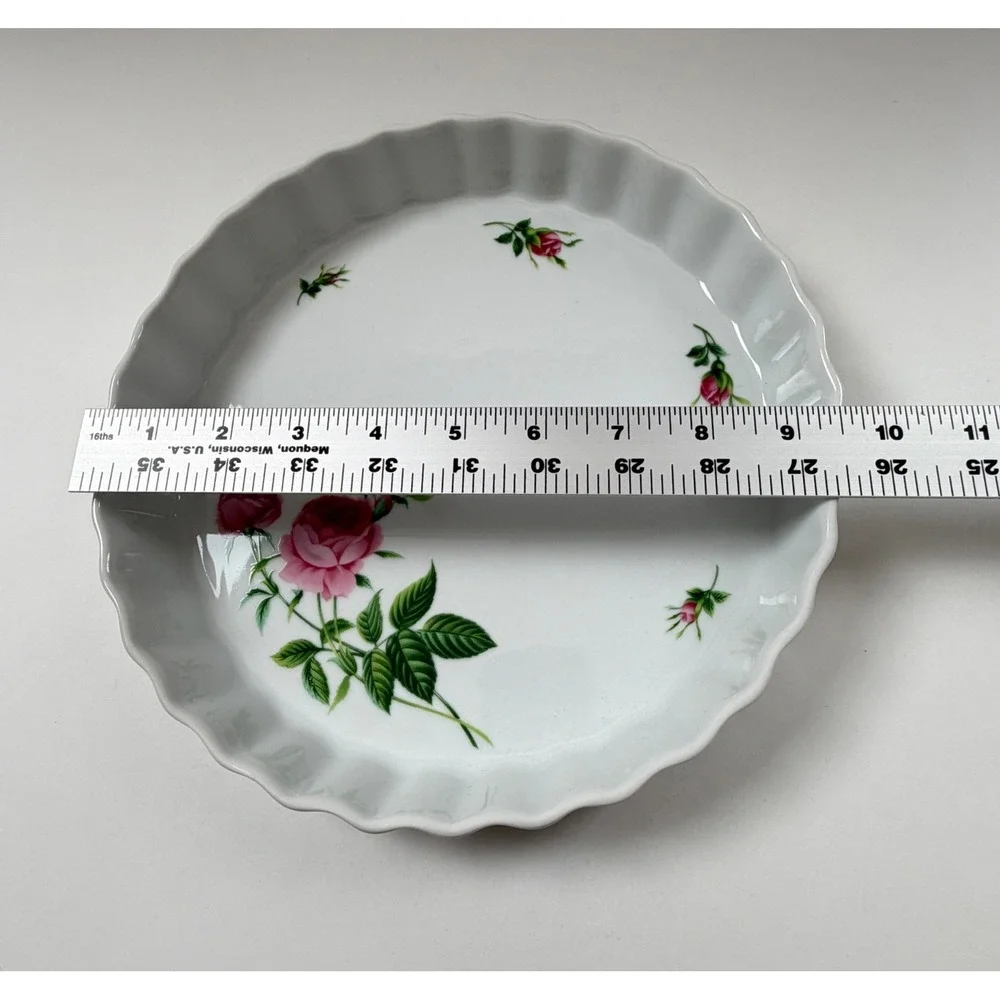 Christineholm Porcelain Tart Dish 9.5in Pink Rose Floral Fluted Quiche Pan